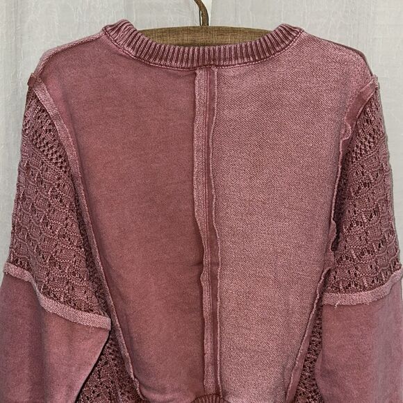 ALTAR’D STATE M Jenna Ash Rose Pink Stone Washed Crochet Pieced Crewneck Top - Picture 12 of 16